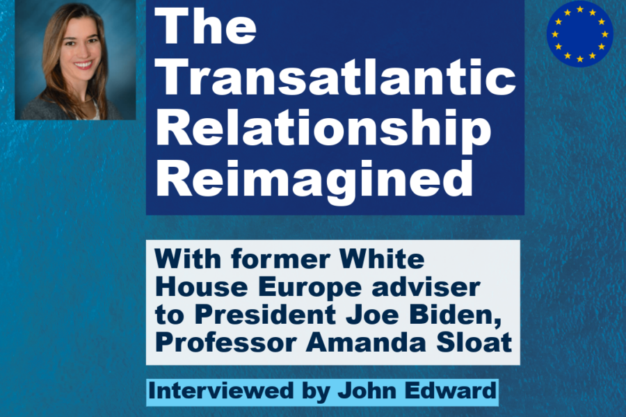 Graphic promoting a European Movement in Scotland webinar titled “The Transatlantic Relationship Reimagined”. It features Professor Amanda Sloat, former White House Europe adviser to President Joe Biden, interviewed by John Edward. The event takes place Wednesday 8 April at 7pm with registration via Eventbrite at bit.ly/EMiS-webinar.